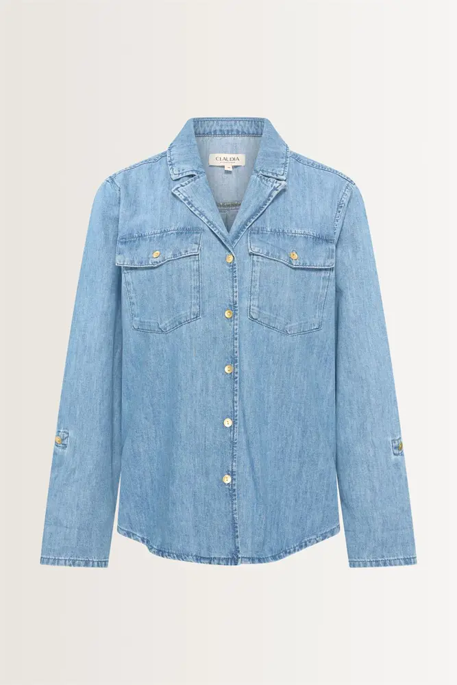 Denim blouse met klepzakken