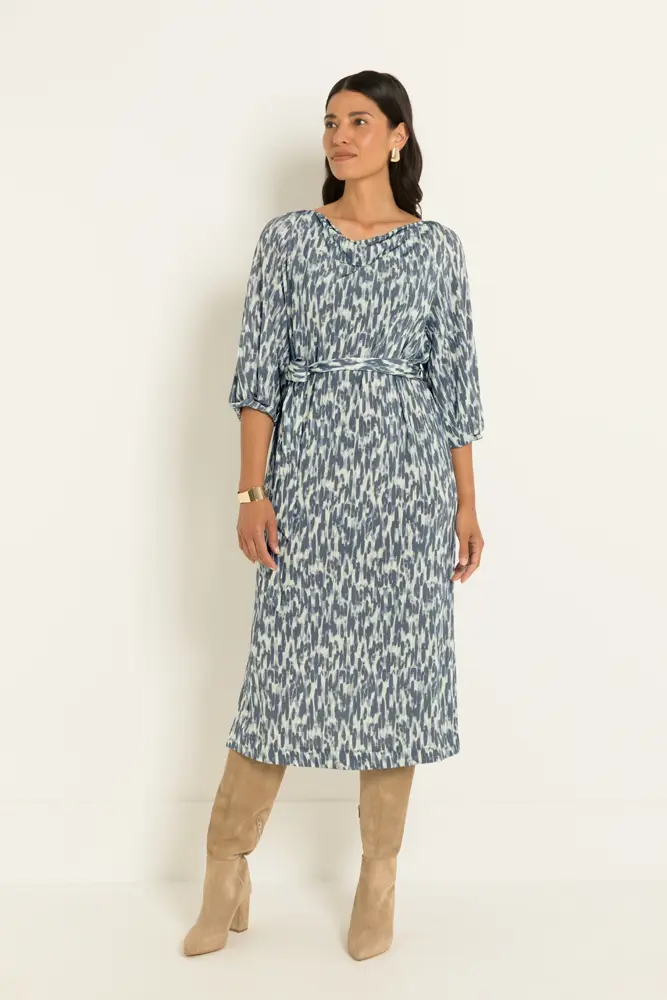 Print jurk met watervalhals en strikceintuur