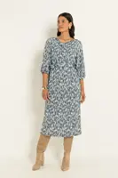 Print jurk met watervalhals en strikceintuur