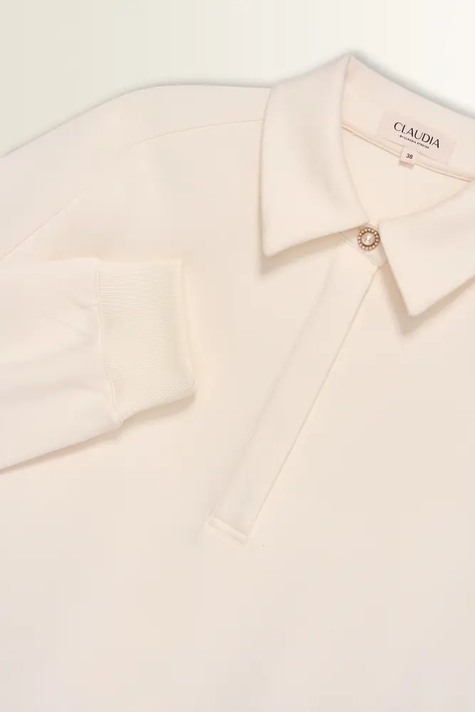 Sweattop met polokraag en sierknoop