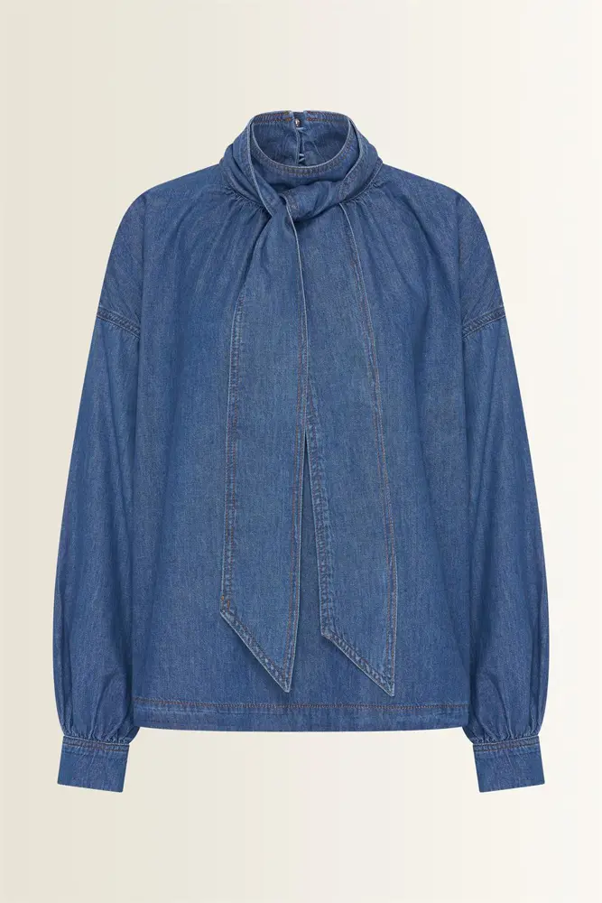 Denim blouse met strikkraag
