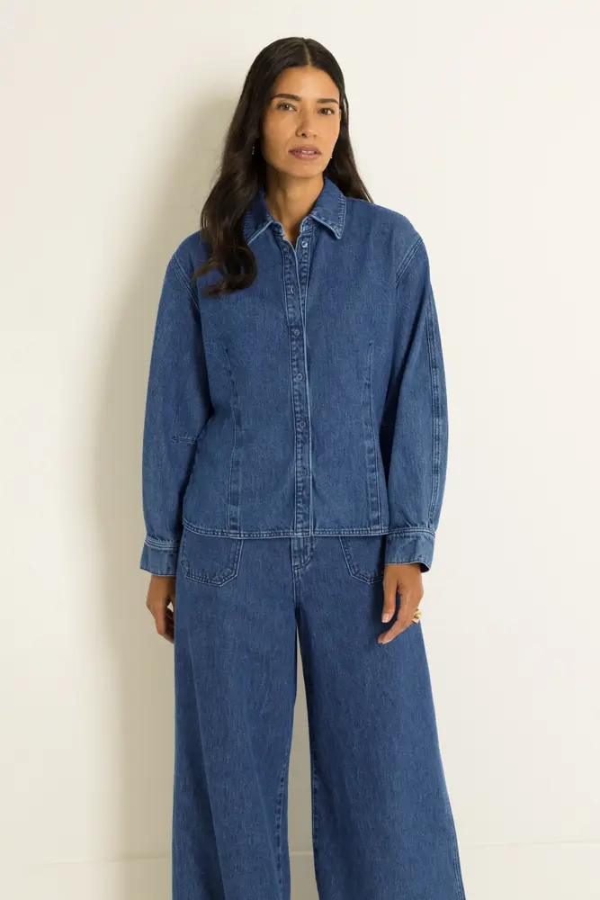 Denim blouse met barrelmouwen