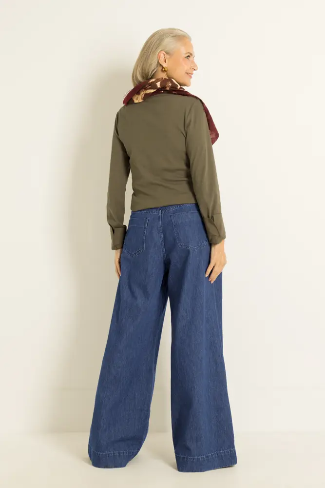 Ribtop met poplin manchetten