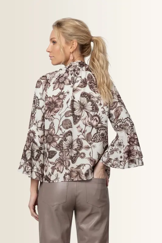 Blouse met botanische print en strikband Monari